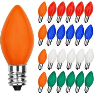 25 Pack C7 Christmas Replacement Bulbs, Multicolor Christmas Bulbs Vintage Ceramic Lights for Indoor Outdoor Patio Christmas Party String Lights, 5W Incandescent Night Light, C7/E12 Candelabra Base