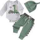 Newborn Infant Baby Boy Outfit Little Brother Romper Infant Letter Print Dinosaur Clothes Drawstring Pants Hat (Gray-Dinosaur, 3-6 Months)