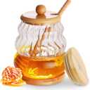 Loscarol Honey Pot with Dipper & Sealed Lid - 15 oz Glass Honey Jar with Wooden Honey Dippers Stick Tray Set, Wide Mouth Honey Containers - Airtight Syrup Dispenser for Home Kitchen