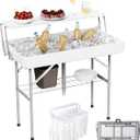 Allpop 2 Tiers Folding Ice Cooler Table with Matching Skirt, Portable Party Table with Grid Rack & Drain Hose for Patio Picnic Camping Wedding, White