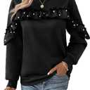 SOLY HUX Sweatshirt for Women Ruffle Trim Pearls Beaded Long Sleeve Pullover Tops Pure Black, Large 