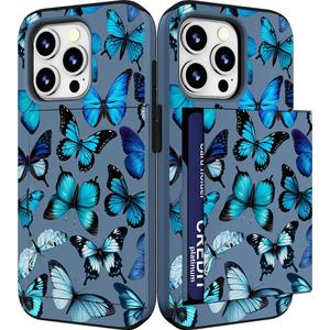 Compatible with iPhone 14 Pro Case Cute with Card Holder Slim Slot Phone Wallet Cover for Women/Blue Butterflies Bright Animals Beautiful Theme Ornament