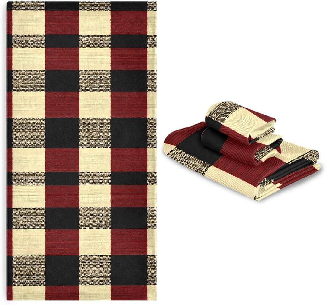 ALAZA Red Black Checkered Buffalo Plaid C Bath Towels Set 3 Piece 1 Bathroom Towels 1 Hand Towel 1 Washcloth Soft Luxury Face Towel for Beach Bathroom Decor
