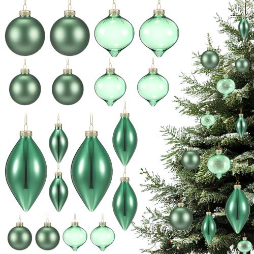 Lunmon 18 Pcs Glass Christmas Ball Ornaments 1.18" 1.57" 2.36" Vintage Christmas Tree Ornament Hanging Glass Bulbs for Xmas Tree Baubles Bulk for Holiday Xmas Decor(Green)
