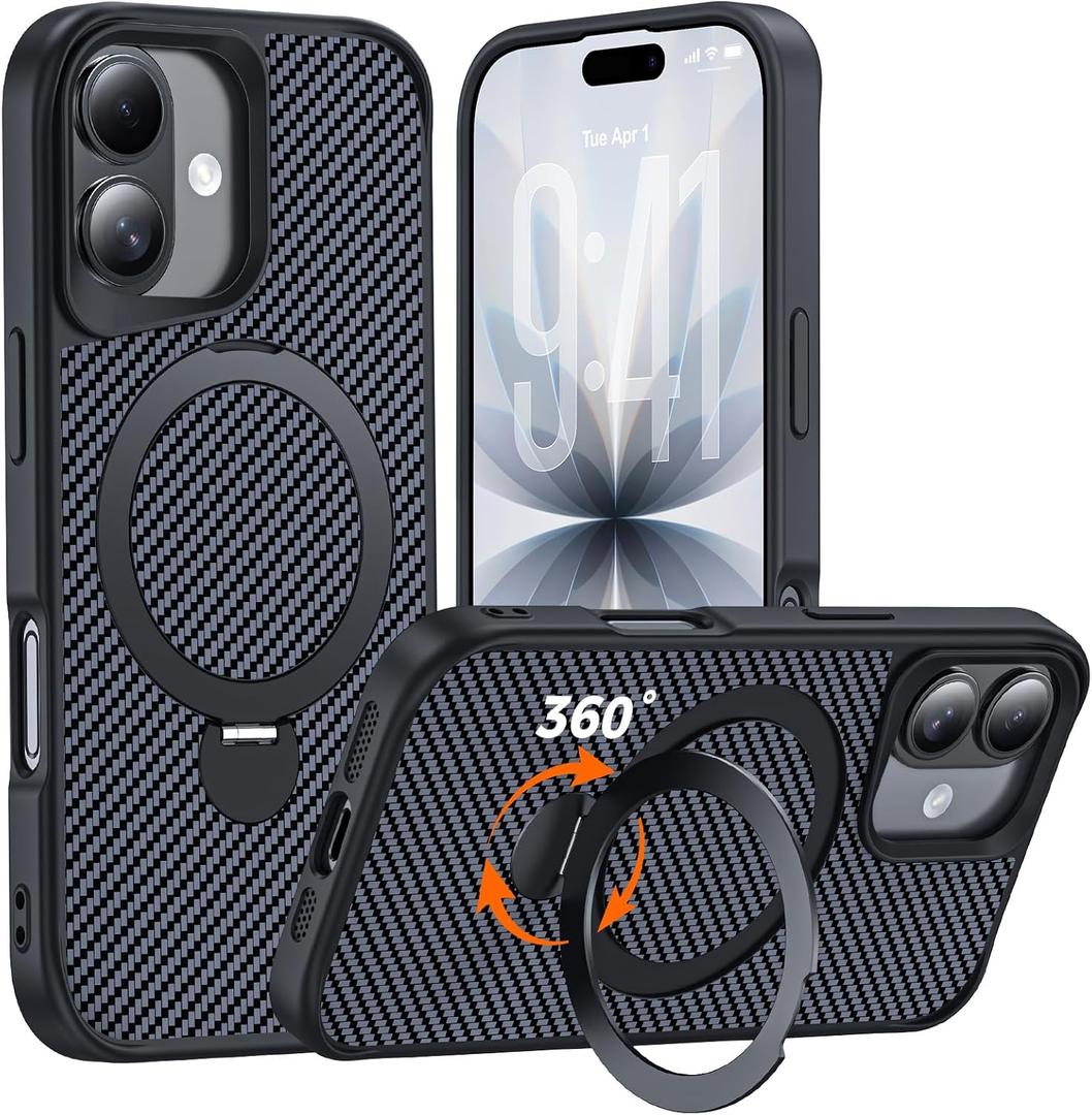 Designed for iPhone 17 Case with 360 Magnetic Stand, Carbon Fiber Phone Case [Compatible with Magsafe] [15FT Military Protection] with Stand Ring 6.3'', Black