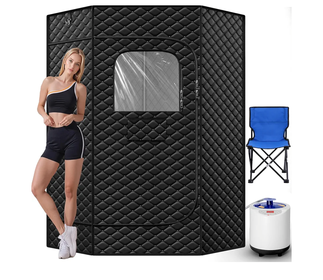 Portable Large Home Steam Sauna with 3L High Capacity Steamer, Personal Sauna Tent with Remote Control, 15 Levels Sauna Box with Folding Chair (Black, Large)