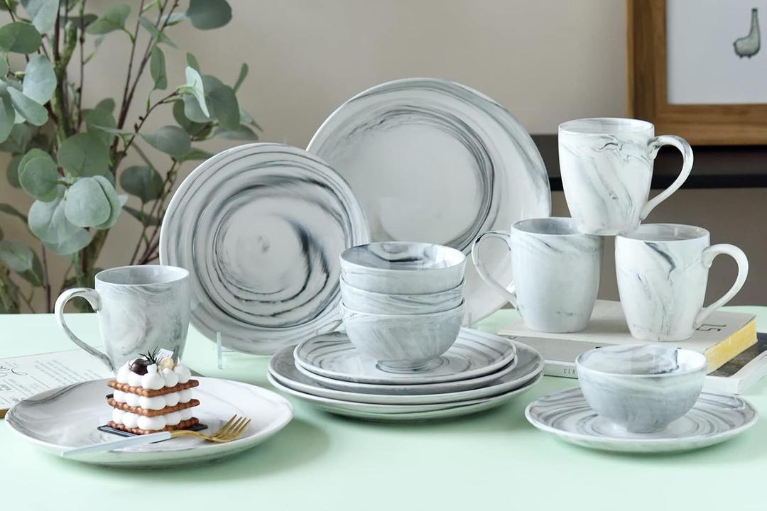 16 Piece Marble Dishes Dinnerware Sets, Marble Porcelain Dinnerware Set, Grey (4×Dinner Plates, 4×Dessert Plates, 4×Bowls, 4×Mugs, 16 Pack)