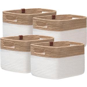UBBCARE 4 Pack Baskets for Organizing, Woven Storage Baskets with Label for Toys and Towel, Rectangle Cotton Rope Basket with Handles, 14''L x9''W x8''H, Jute&White