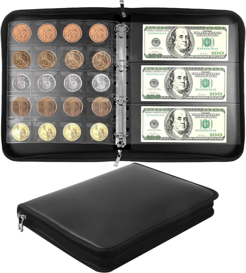 Coin Collection Book Album Holder for Collectors, 400 Pockets Fireproof Coin Collection Book & 36 Paper Money Organizer Binder for Coin Currency Collection Supplies,Bill,Pennies,Badges,Tokens