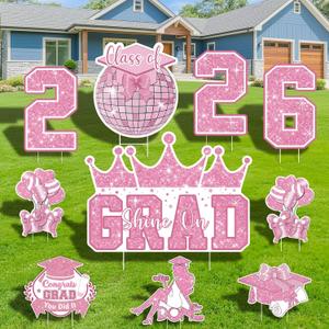 Graduation Yard Sign Class of 2026 Decorations, 10pcs Sparkling Pink Congrats Grad 2026 Lawn Yard Sign with Stakes Grad Yard Sign for High School College Indoor Outdoor Graduation Party Decor Supplies