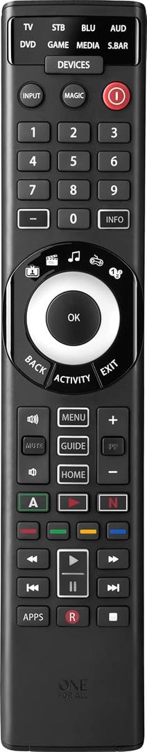 One for All URC7880 Universal Smart Remote Control up to 8 Devices with Free Setup App - Easy Learning Feature - Infrared Connectivity Technology and 3 Shortcut App Keys  Black