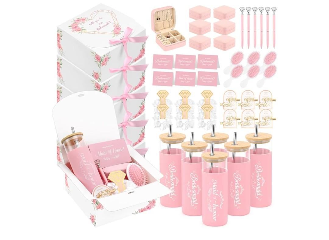 55 Pcs Bridesmaid Proposal Gifts of 6 Sets Maid of Honor Gifts Box Glass Cups Jewelry Box Scrunchies Hair Clips Pen and Invited Cards for Bachelorette Bridal Shower Wedding Party (Pink, 6 Set)
