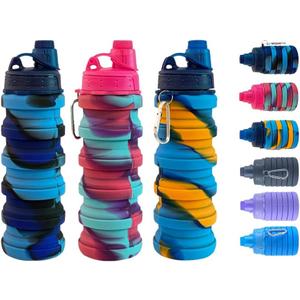 Collapsible Water Bottles 3 pack Travel Water Bottle Portable Hiking Water Bottle with Leak proof Twist Cap 500ML Reusable BPA Free Silicone Water Bottles with Carabiner. (Colorful)