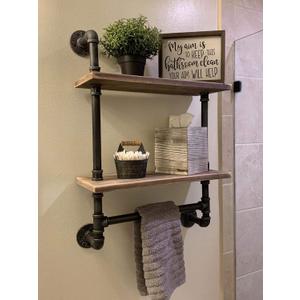 Industrial Pipe Bathroom Shelves Wall Mounted 2-Shelf,Rustic Pipe Shelving Wood Shelf with Towel Bar,Pipe Floating Shelves Towel Holder