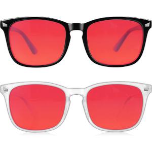 2 Packs Professional Sleep Glasses with 99.9% Blue Light Blocking Dual AR Coatings Red Lens, Computer Gaming Glasses for Men Women, Anti Fatigue & Eye Strain ((01)-black+transparent)