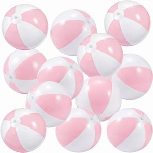 MiniInflat 12 Pcs 12 Inch Inflatable Beach Balls Bulk Jumbo Pastel Inflatable Decorated Ball with Macaron Color PVC Party Ornaments for Adults Kids Summer Birthday Party Decoration (Pink)