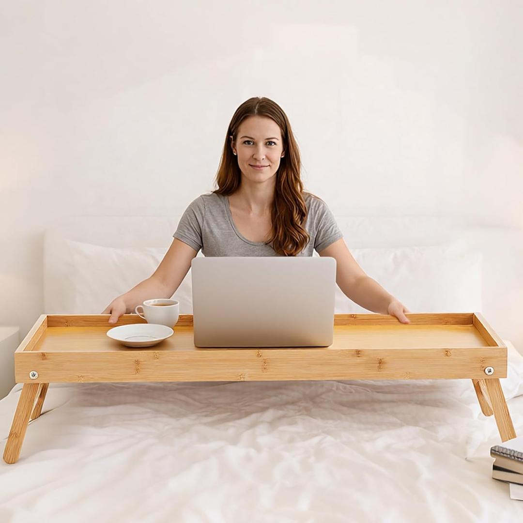 Geelin Extra Large 30.3 x 15 Inch Bamboo Bed Tray Table with Folding Legs Breakfast Tray for Bed Sofa Eating Working Laptop TV Desk Snack Table(Natural Color)
