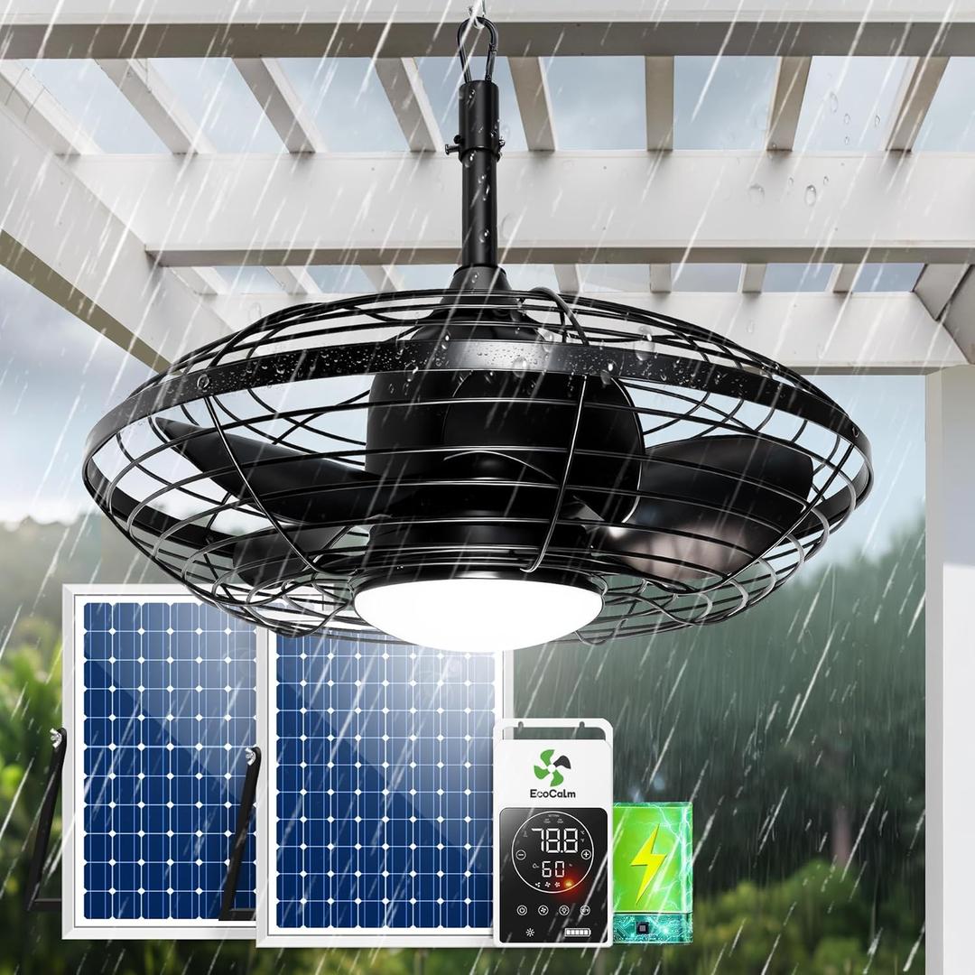 Solar Ceiling Fan Waterproof, 20'' Outdoor Ceiling Fan with Light & Battery, Solar Powered Fans Metal Caged Design for Gazebo, Patios, Pergola, Porch