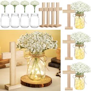 Wavwavw 37 Pcs/4 Sets Baptism Centerpieces for Table Cross Mason Jar Centerpieces with Wooden Cross Crafts Light Strings for Baptism First Communion Church Wedding Favors(Baby's Breath)