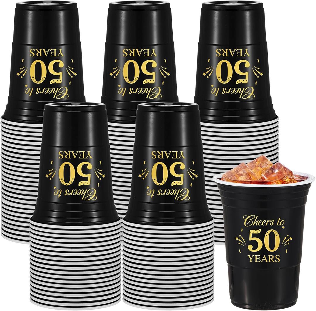 50 Pack 50th Birthday Decorations Birthday Cups 16 oz Disposable Plastic Gold and Black Cheers to 50 Years Cups for Men Women Hot Cold Drinks for Wedding Anniversary Supplies