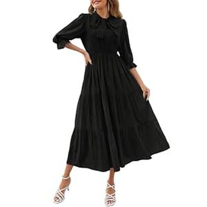ZESICA Women's Casual Half Sleeve Tie V Neck Elastic High Waist Solid Color Flowy Tiered A Line Beach Party Maxi Dress, Black, Medium
