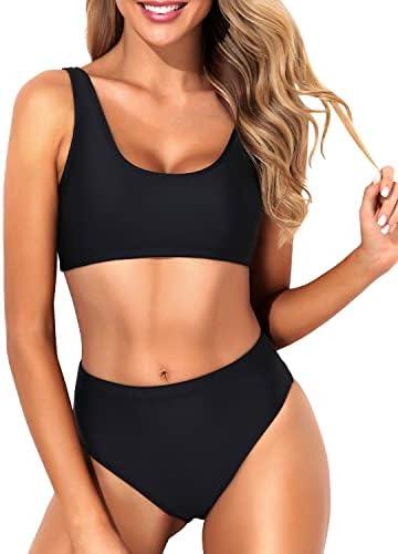Tempt Me Women Two Piece Scoop Neck Bikini Crop Top Swimsuit Sporty High Waisted Bathing Suit Size XL