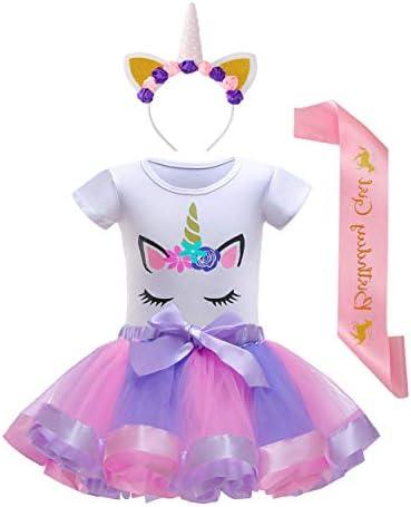 Nuolich Little Girls Unicorn Birthday Party Outfit, Unicorn Tutu Dress, Headband, Shirt & Satin Sash L