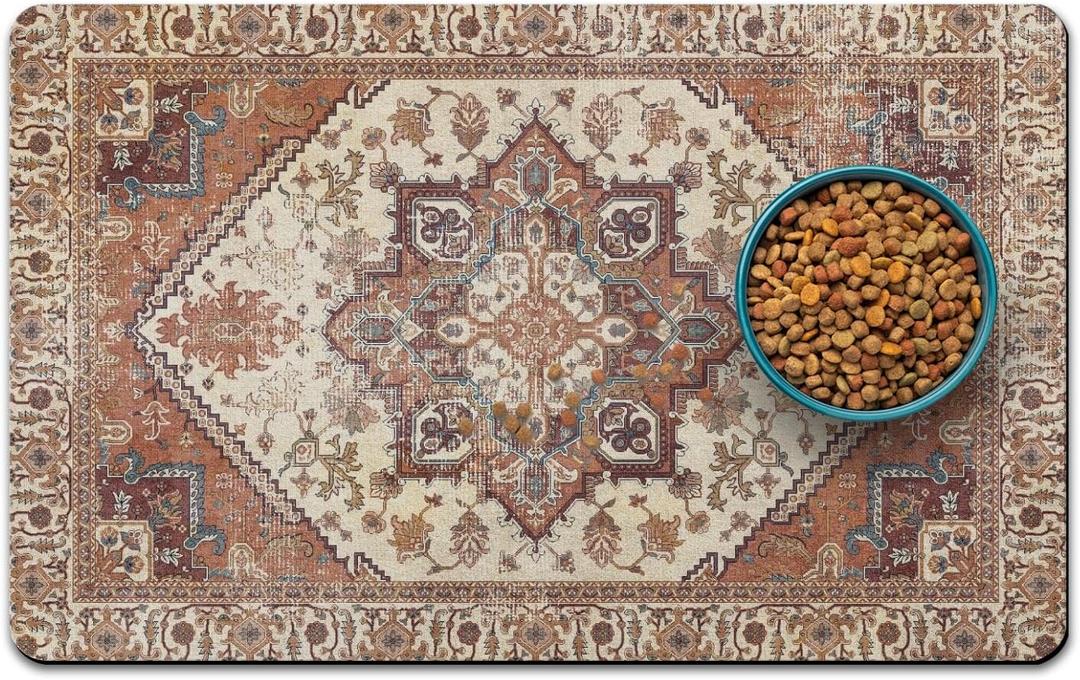 Dog Food Mat for Floors, Absorbent and Quick-Drying Pet Cat Food Mat,Anti-Fouling and Easy-to-Clean Pet Feeding Mat,Dog Bowl Mats for Messy Drinking Water Bowls.12x20inch Bohemia Style