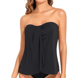 Tempt Me Bandeau Tankini Tops for Women Strapless Bathing Suit Top Halter Flyaway Swimsuit Top Only (Black, Size M)