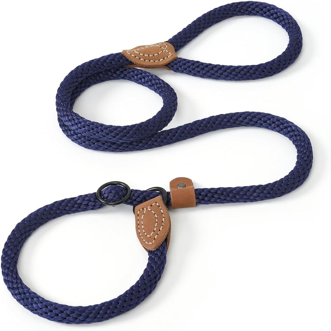 Mile High Life Slip Leads for Dogs | Heavy Duty Dog Training Leash | 6 Feet No Pull Slip Leashes w Leather Tip | Navy Rope Lead for Dogs Outside