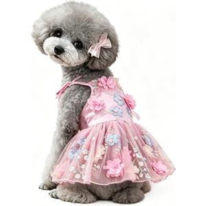 SEIS Flower Lace Dog Dress, Cat Skirt for Birthday Party Wedding, Pink, S