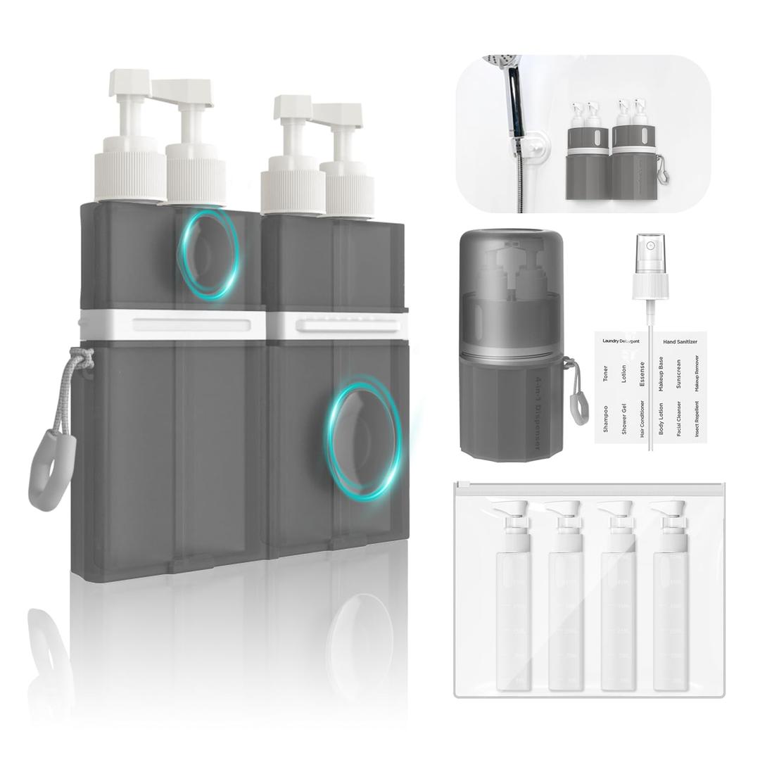 YOTIME 4 in 1 Travel Dispenser Bottle, Vacuum Silicone Suction Cup for Smooth Walls, TSA Approved Leak Proof Travel Size Containers for Toiletries, Shampoo, Body Wash and Conditioner, Gray