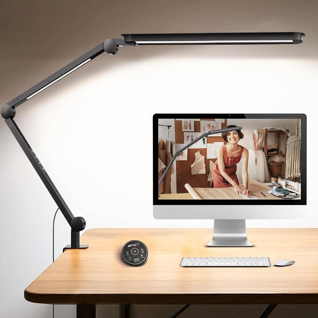 LED Desk Lamp with Clamp, Architect Desk Lamp with Remote, Flexible Swing Arm Desk Light with Dual LED Light, Stepless Dimming, 5 Color Mode & 4 Brightness for Sewing Painting Drafting Crafting