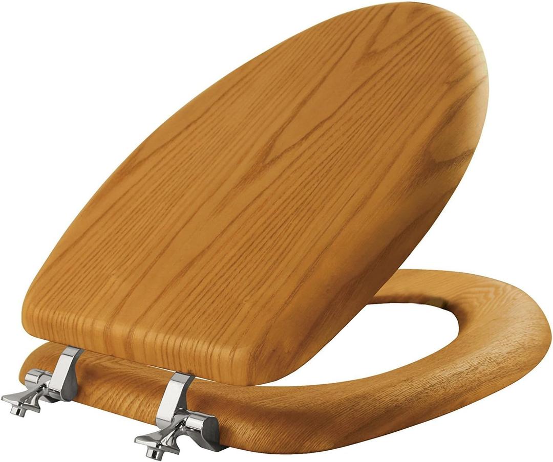 Mayfair Natural Oak Veneer Toilet Seat with Chrome Hinges, Elongated, Wood