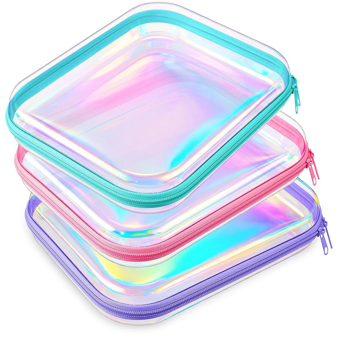 Hoolerry 3 Pcs Clear Hard Zipper Case Hard Plastic Zipper Pouch Makeup Bag Portable Travel Organizer for Cosmetics, Office Supplies, Documents & Toiletries(Laser, M)