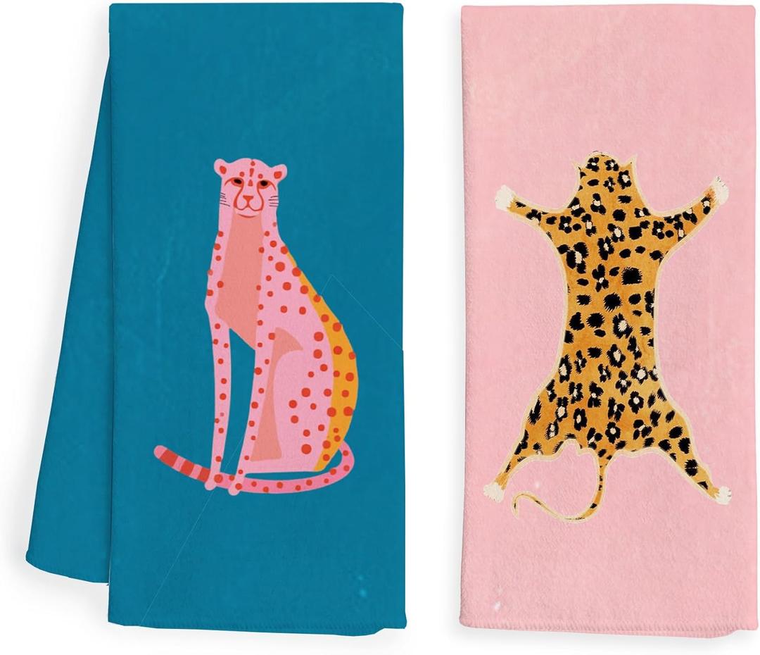 WFSM Pink and Blue Preppy Leopard Cheetah Kitchen Towels and Dishcloth Set of 2, Funky Trendy Dish Towels for Kitchen, Funky Hand Towels for Bathroom, Preppy Bathroom Decor, 16x24 Inches