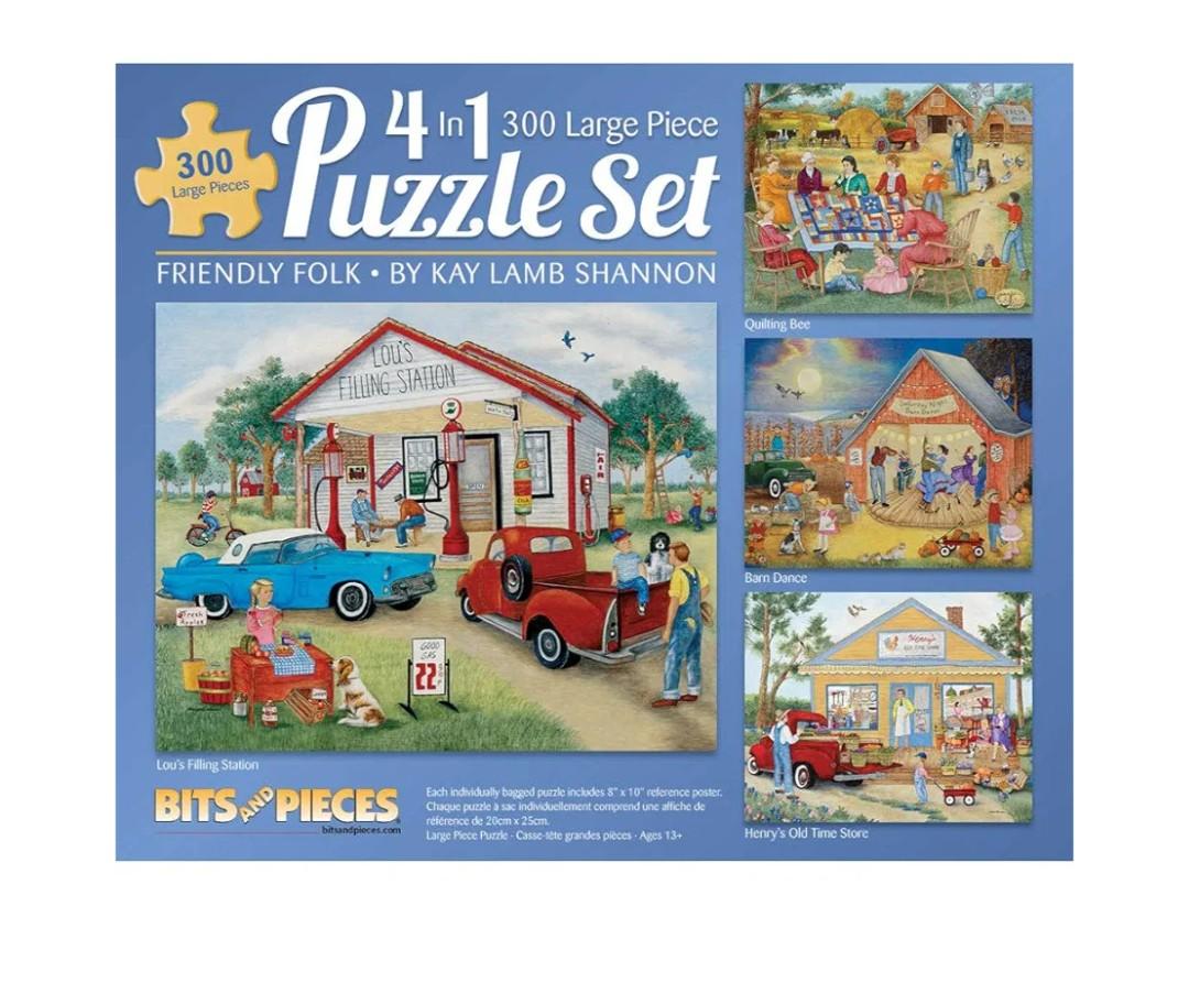 Bits and Pieces – 4-in-1 Multi-Pack 300 Piece Jigsaw Puzzles for Adults – Friendly Folk by Artist Kay Lamb Shannon, Completed Puzzle Size: 16" x 20"