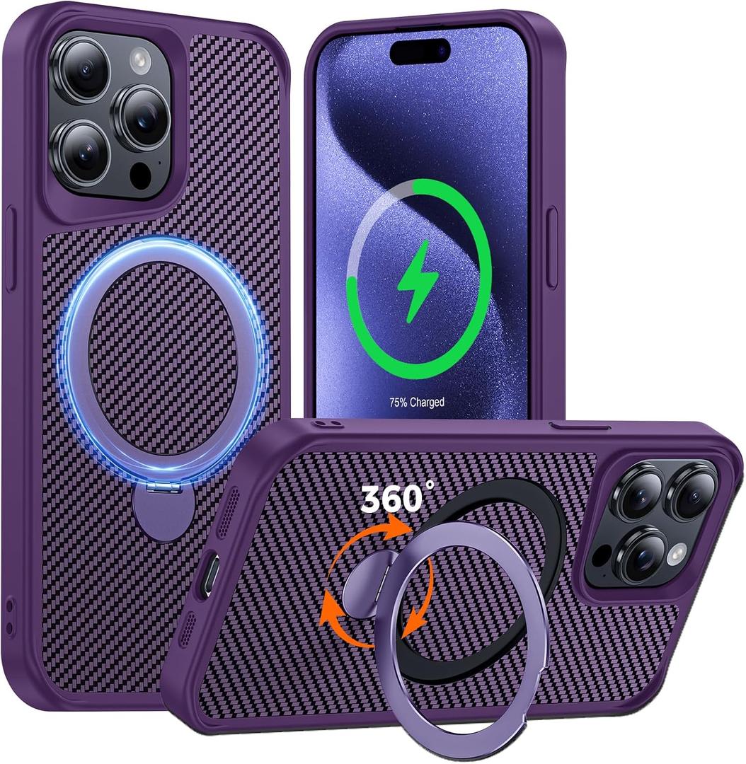 FlyReal Designed for iPhone 15 Pro Case with 360 Magnetic Stand, Carbon Fiber Phone Case [Compatible with Magsafe] [16FT Military Protection] with Rotatable Ring Stand 6.1'', Deep Purple