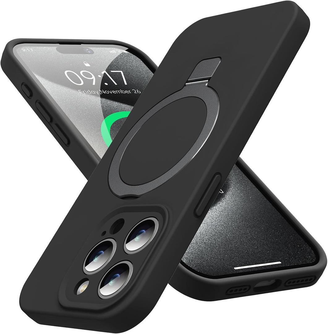 Mag-Ring Designed for iPhone 15 Pro Max Case, Liquid Silicone [Moisturizing Factor] Extreme Soft Slim Phone Case with Stand [Compatible with MagSafe] for 15 Promax 6.7 inch Men Women, Black