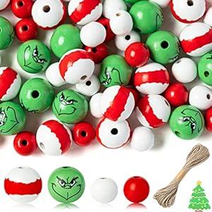 Eartim Xmas Wood Beads Craft - 121 Pcs Red Green Christmas Round Bead Rustic Farmhouse Wooden Beads with 65.6 Feet Twine Natural Wood Beads Craft DIY Christmas Party Hanging Ornament Decor Supplies