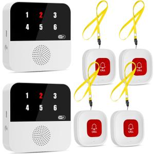 PILSAMAS Wireless Caregiver Call Button System - Dual Hub, Multi-Location Alarm, Dsiplay Caller ID & App Alert, No Monthly Fee, 4 IP65 Panic Buttons, Emergency Alert for Elderly at Home/Nursing Homes