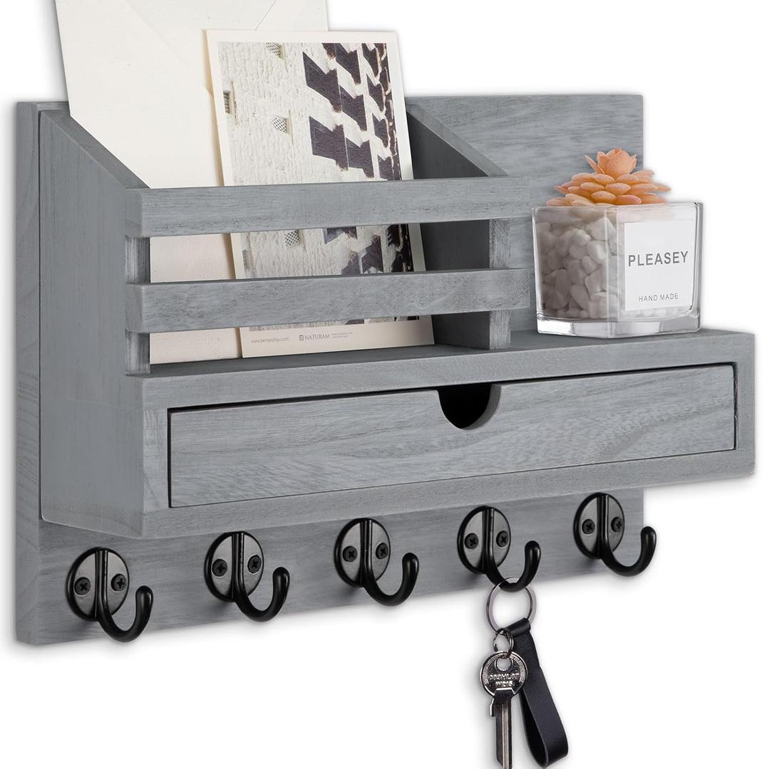 Key Holder Wall Mount, Mail Holder with Storage Drawer and 5 Key Hooks for Coat, Dog Leash, Home Decor Rack, House Accessories, Entry Way Organizer (Gray) (Standard - 11.8 Inch)