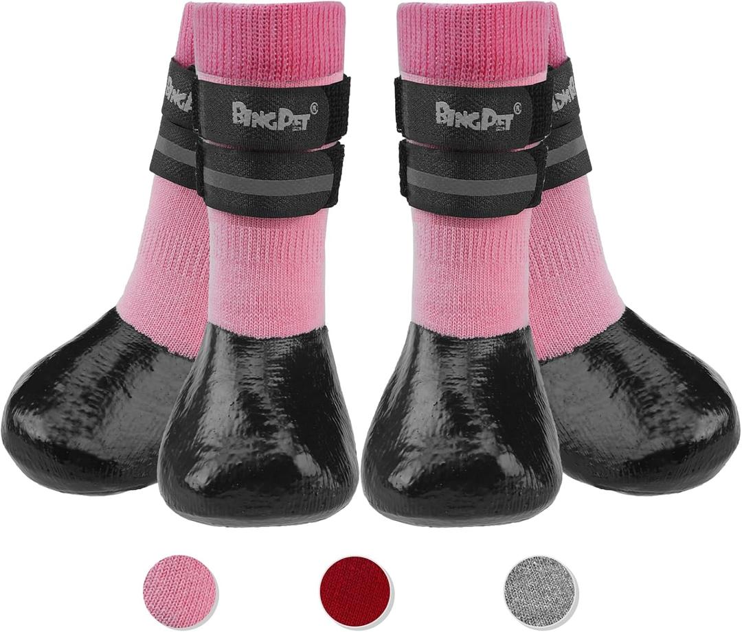 BINGPET Anti-Slip Dog Socks for Hardwood Floors,Injury Prevent Licking Dog Booties,Traction Control Paw Protector Dog Shoes for Hot Pavement with Reflective Straps for Small Medium Large Dogs, Size S