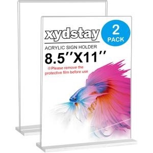 xydstay 8.5 x 11 Acrylic Sign Holder 2 Pack, Vertical T Shape Clear Plastic Menu Holder, Unbreakable Table Sign Holder for Restaurant, Office, School, Store and Home Use