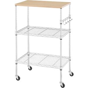 450Lbs Capacity Microwave Cart with Wheels, 3 Tier Rolling Cart with Adjustable Shelves, Multifunctional Metal Utility Storage Kitchen Carts on Wheels, 23.6" L*15.7" W*37" H, Wood+Chrome