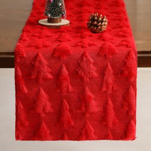 WKJZH Christmas Tbale Runner 13x72 Inch Soft Plush Faux Fur Jacquard Red Big Small Christmas Tree Table Runner, Seasonal Autumn Kitchen Dining Table Decoration for Home Party Decor