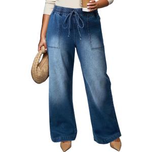 Eytino Womens Plus Size Jeans High Waisted Straight Leg Wide Leg Jean Trendy Stretchy Drawstring Denim Pants (1X-5X)