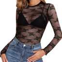 YYA Sparkly Mesh Top for Women Long Sleeve Round Neck Mesh Shirt Sheer Shiny Top Solid Floral Tee Shirts S (Black Lace)