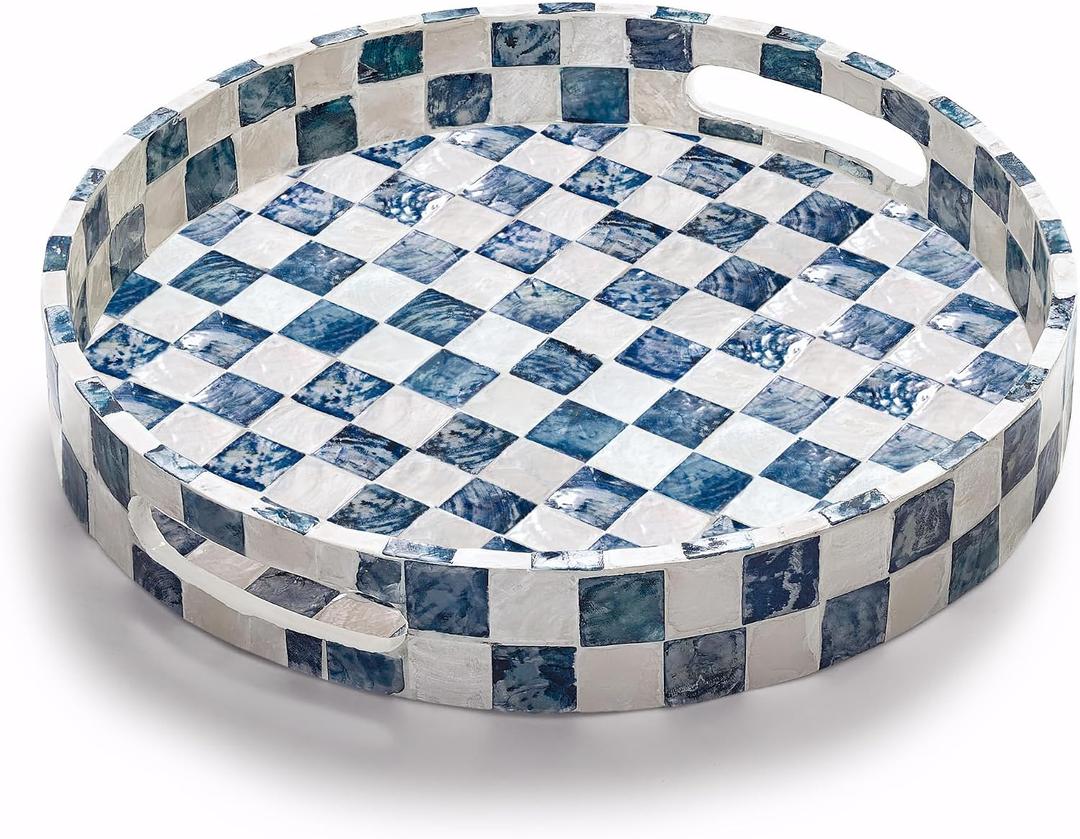 12.6" Capiz Shell Round Decorative Tray with Handles, Navy Blue