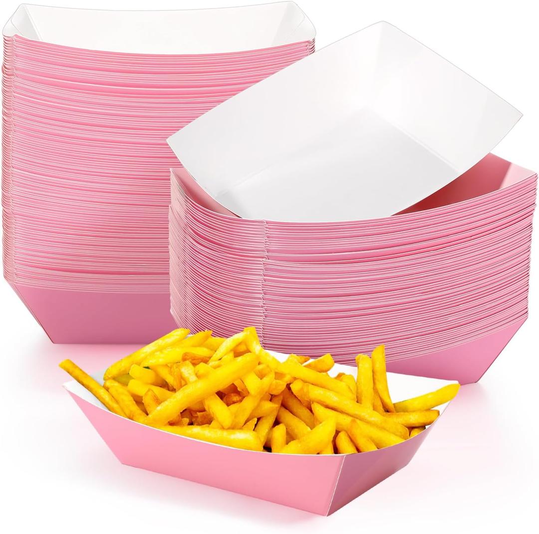 Yinkin 100 Pcs Paper Food Trays Boat Halloween 1lb Disposable Nacho Trays Kraft Paper Boat for Tacos Concession French Fries Snack Hot Dog BBQ Popcorn Wedding Christmas Party Supplies (Pink)